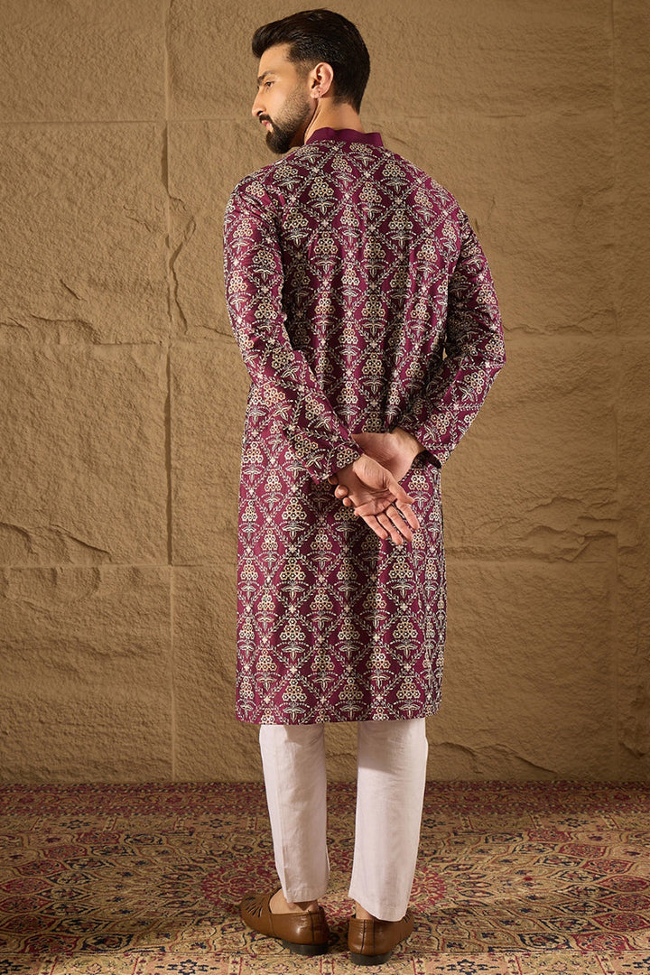 Purple Pure Silk Floral Printed Straight Kurta with Trouser | SHOBITAM