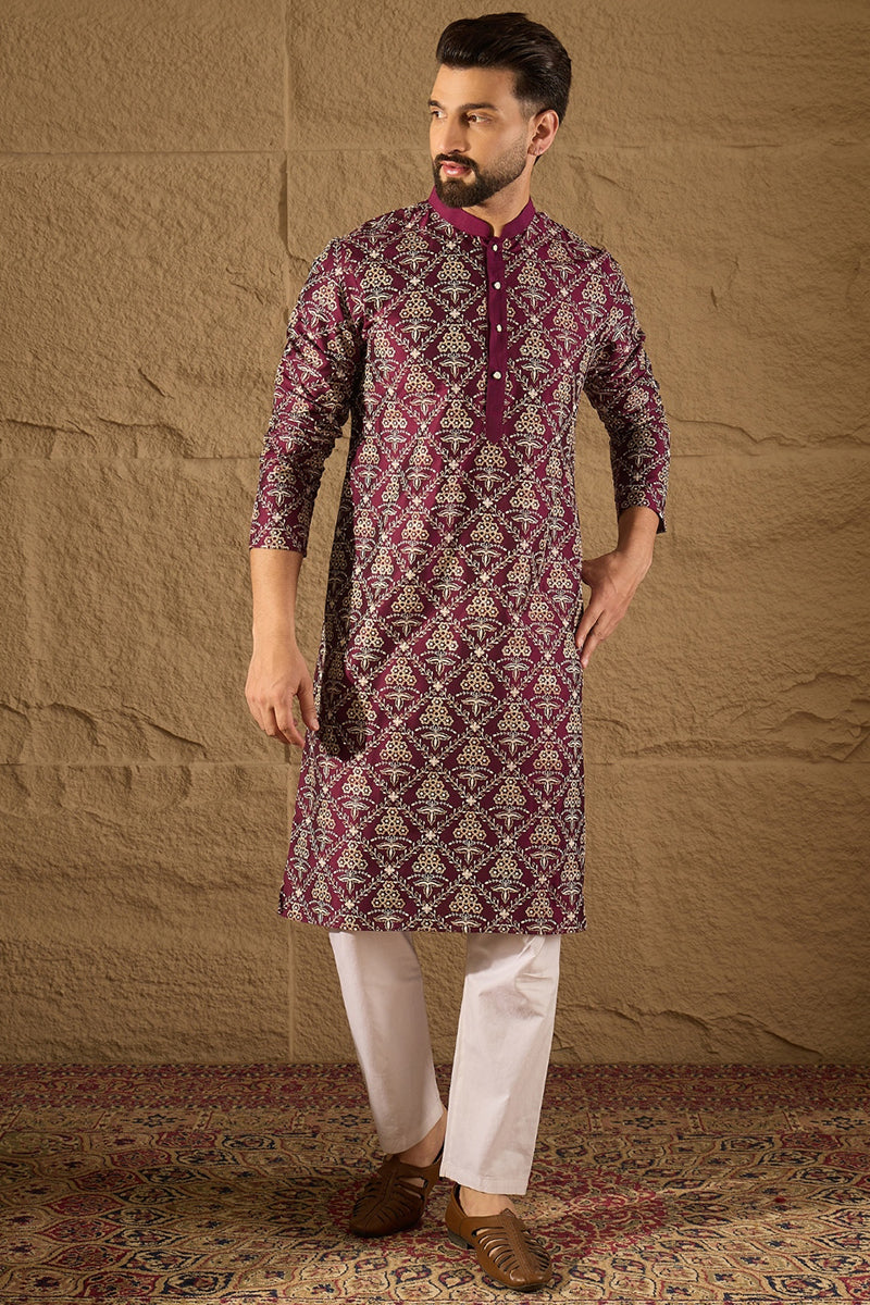 Purple Pure Silk Floral Printed Straight Kurta with Trouser | SHOBITAM
