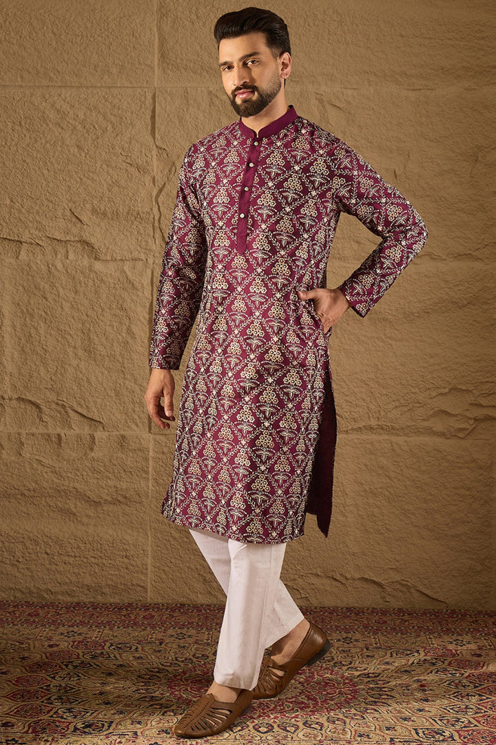 Purple Pure Silk Floral Printed Straight Kurta with Trouser | SHOBITAM