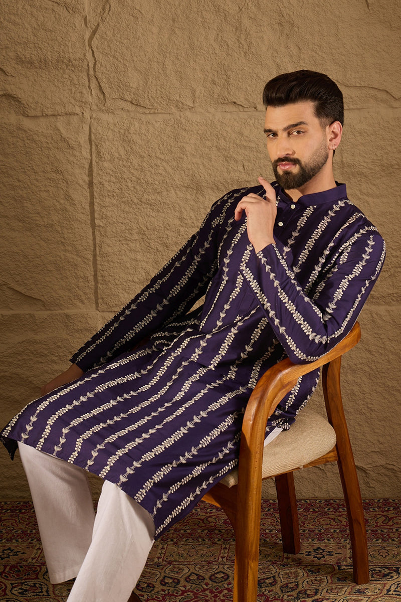Purple Viscose Rayon Ethnic Motifs Printed Straight Kurta with Trousers | SHOBITAM
