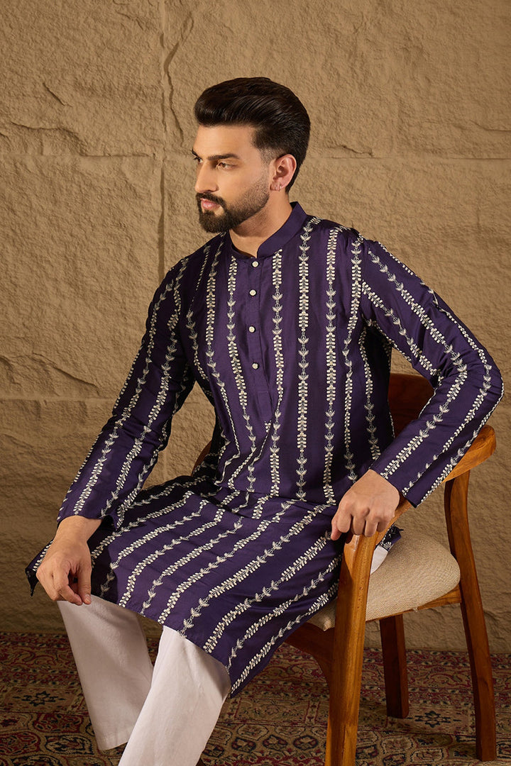 Purple Viscose Rayon Ethnic Motifs Printed Straight Kurta with Trousers | SHOBITAM