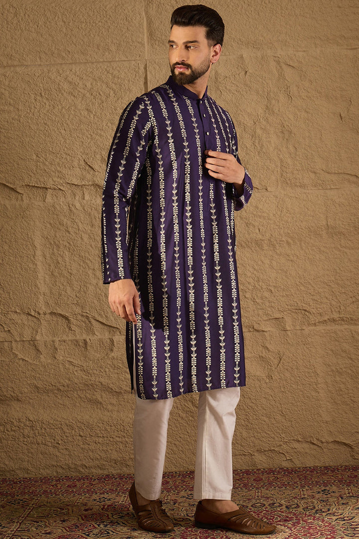 Purple Viscose Rayon Ethnic Motifs Printed Straight Kurta with Trousers | SHOBITAM