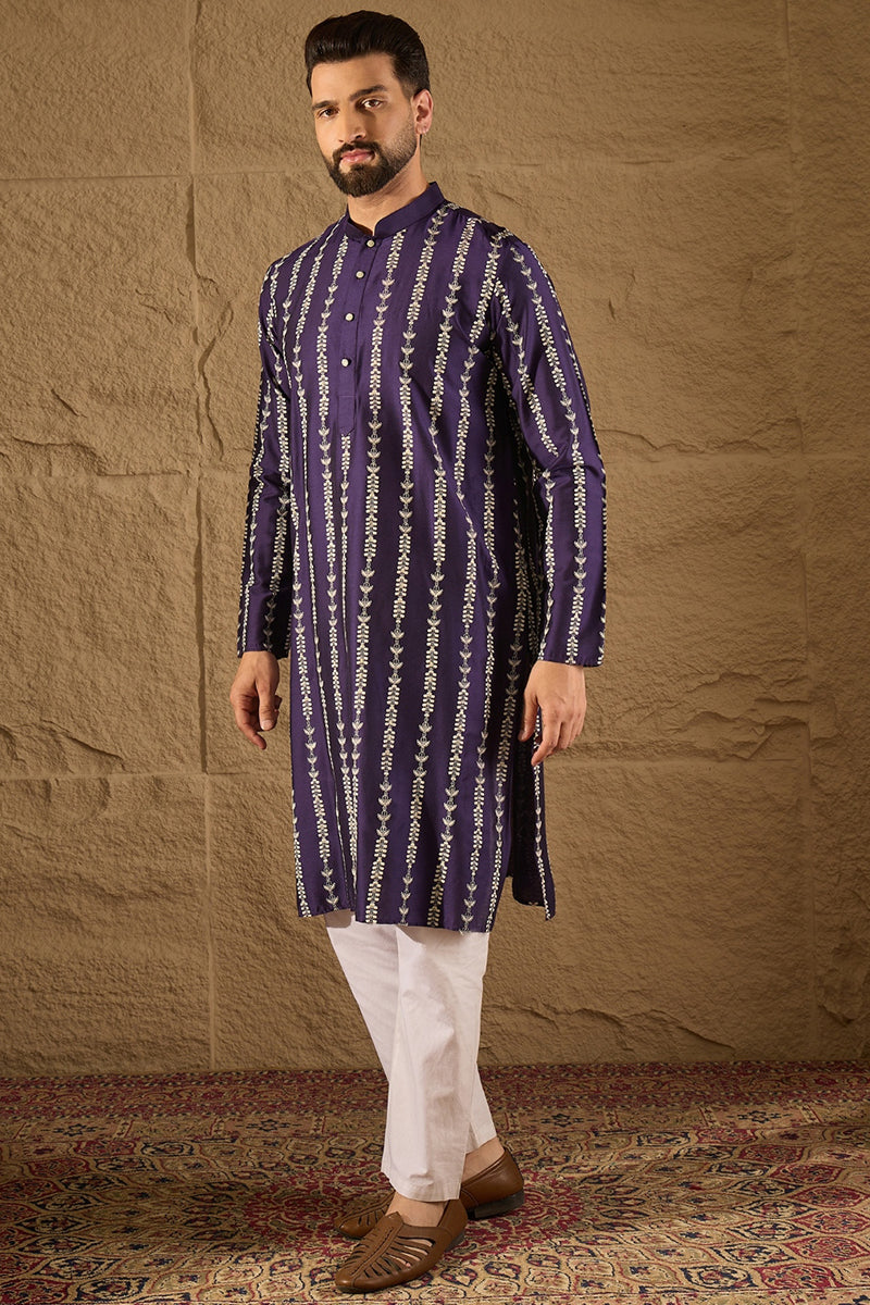 Purple Viscose Rayon Ethnic Motifs Printed Straight Kurta with Trousers | SHOBITAM