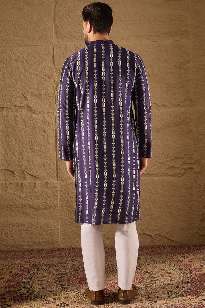 Purple Viscose Rayon Ethnic Motifs Printed Straight Kurta with Trousers | SHOBITAM