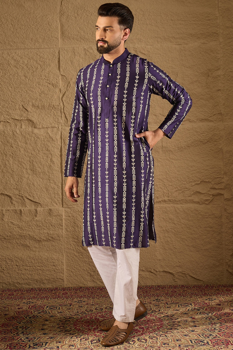 Purple Viscose Rayon Ethnic Motifs Printed Straight Kurta with Trousers | SHOBITAM