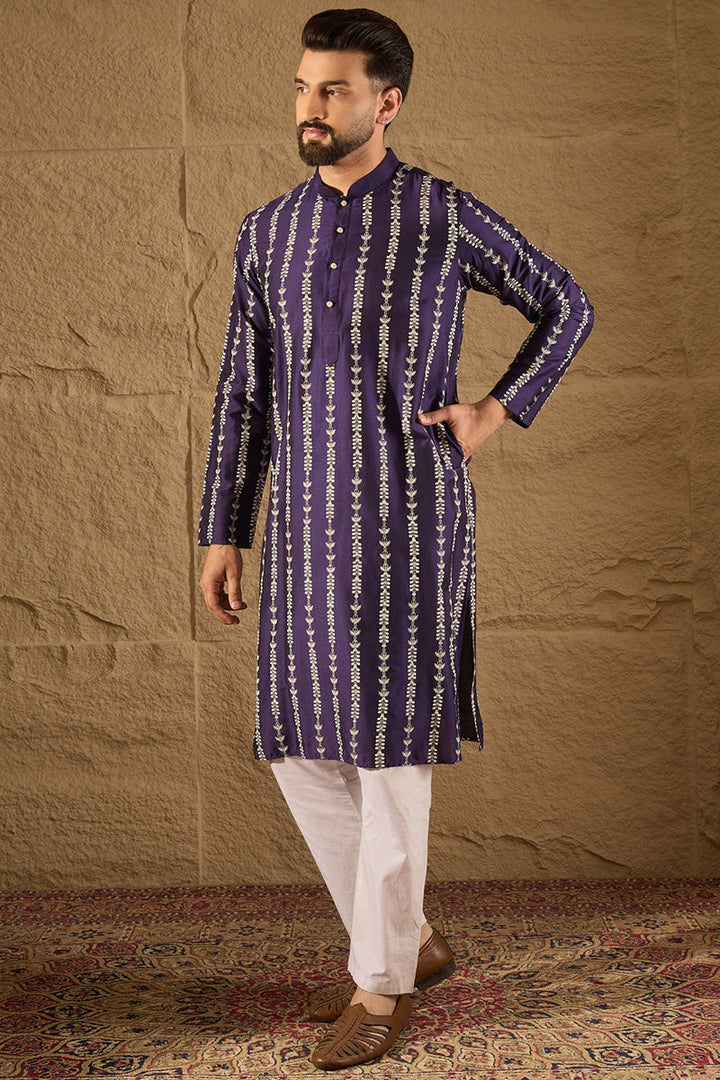 Purple Viscose Rayon Ethnic Motifs Printed Straight Kurta with Trousers | SHOBITAM