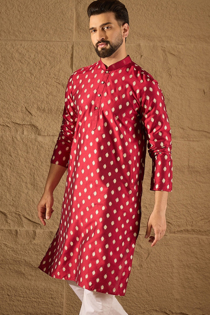 Maroon Silk Ikat Printed Straight Kurta With Pant Set | SHOBITAM