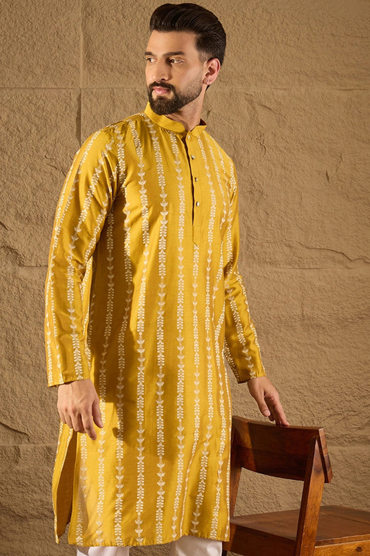 Yellow Viscose Rayon Ethnic Motifs Printed Straight Kurta with Trousers | Shobitam