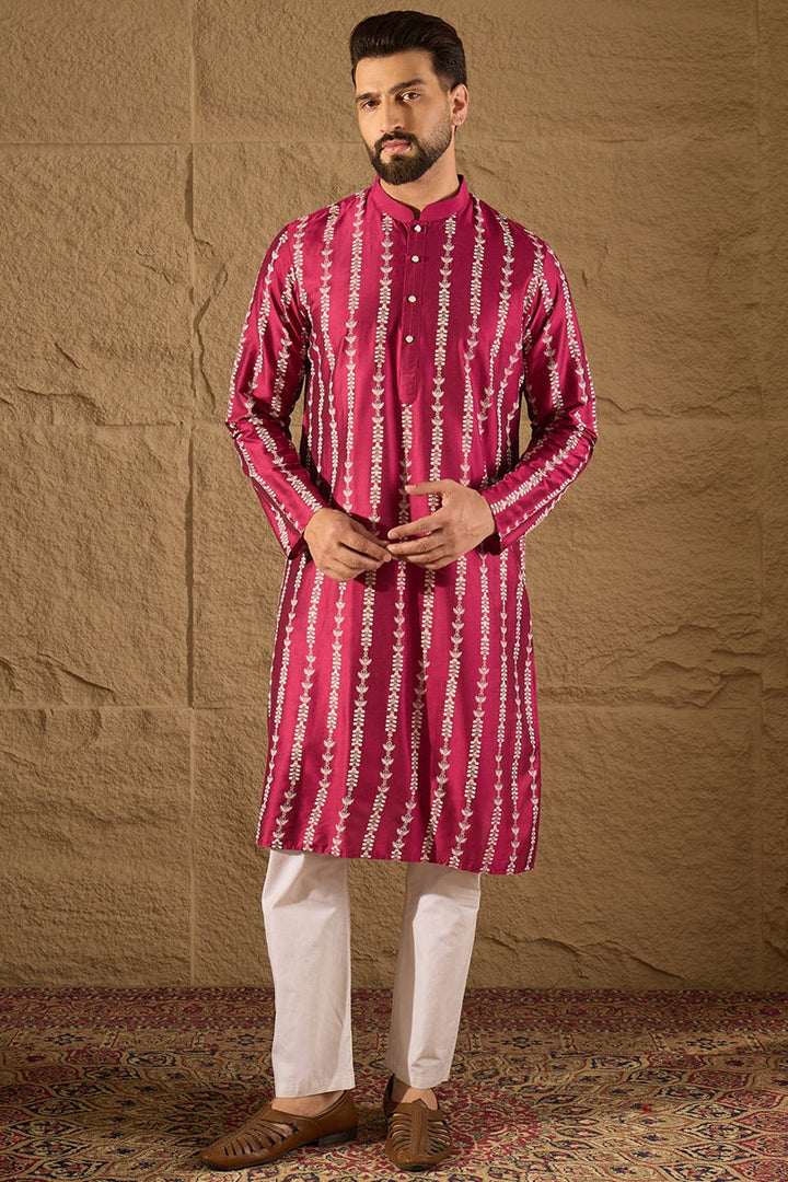 Pink Pure Silk Ethnic Motifs Printed Straight Kurta with Trousers | Shobitam