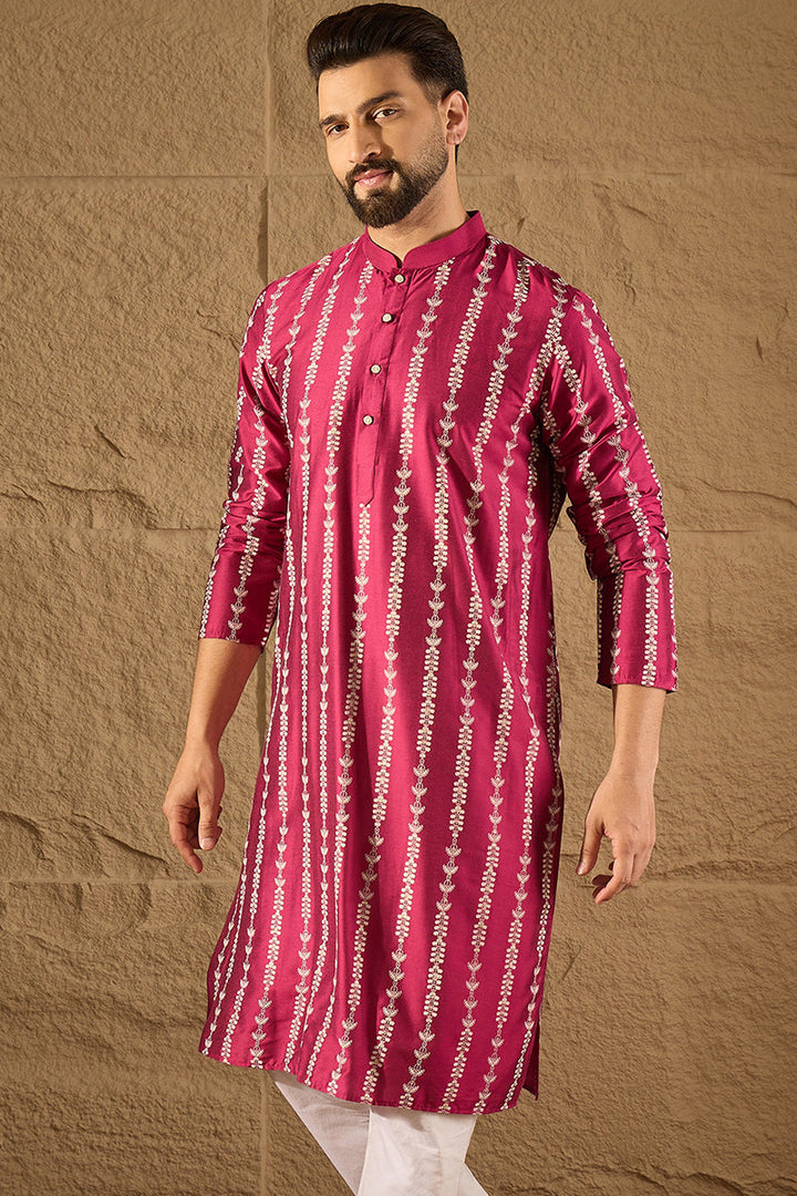 Pink Pure Silk Ethnic Motifs Printed Straight Kurta with Trousers | Shobitam