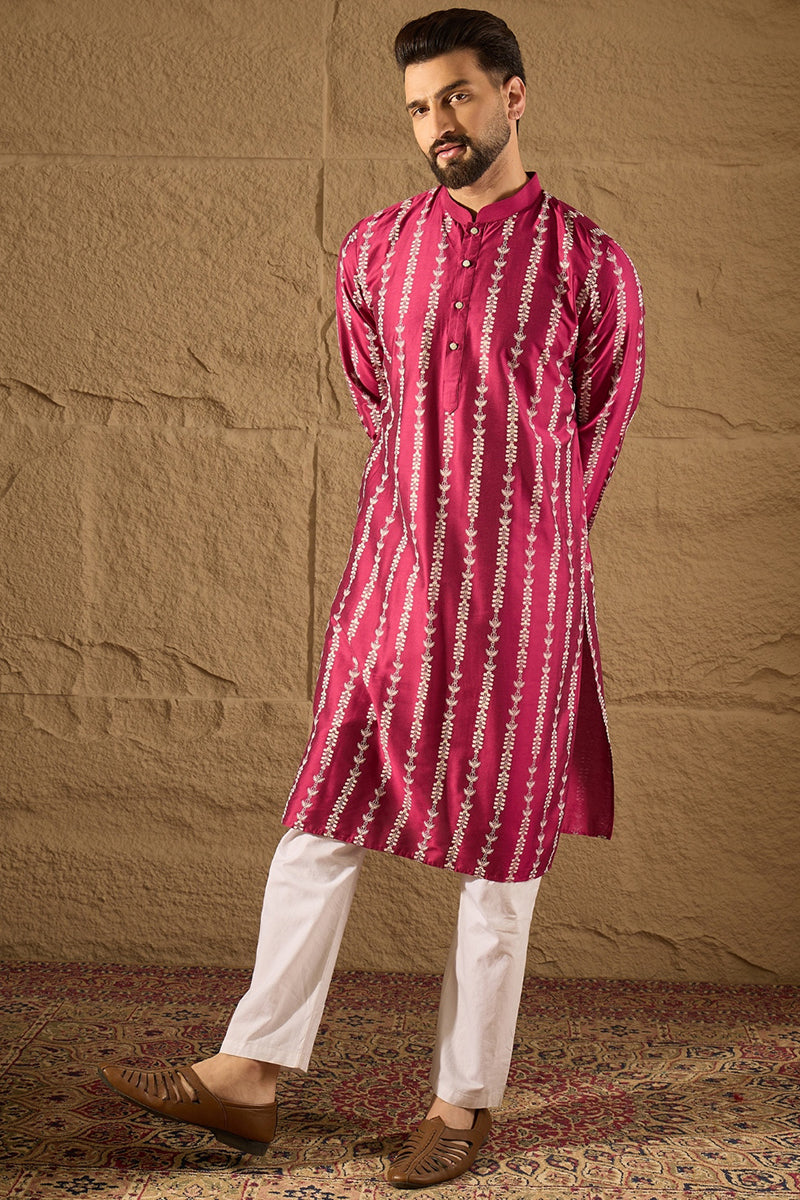 Pink Pure Silk Ethnic Motifs Printed Straight Kurta with Trousers | Shobitam