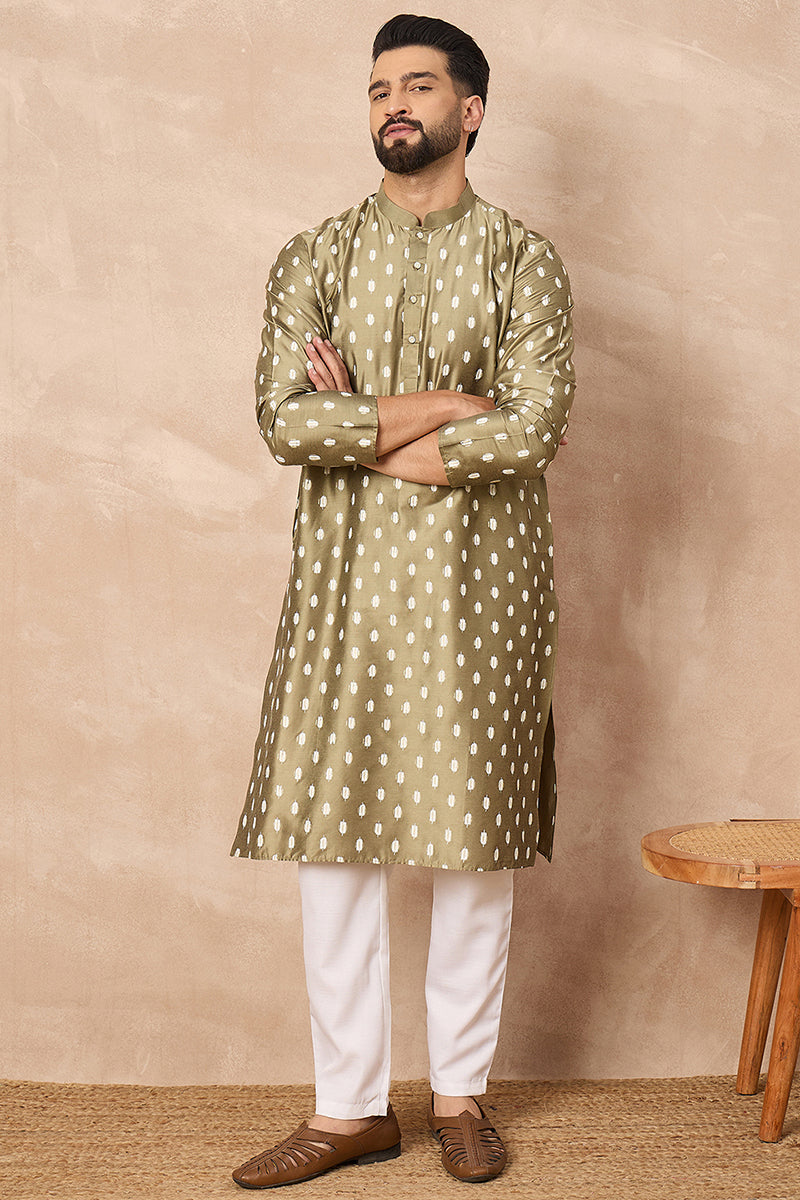 Olive Pure Silk Abstract Printed Straight Kurta with Trousers | Shobitam