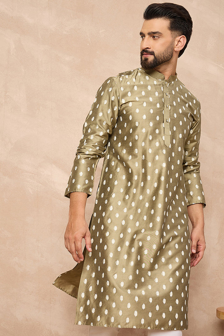 Olive Pure Silk Abstract Printed Straight Kurta with Trousers | Shobitam