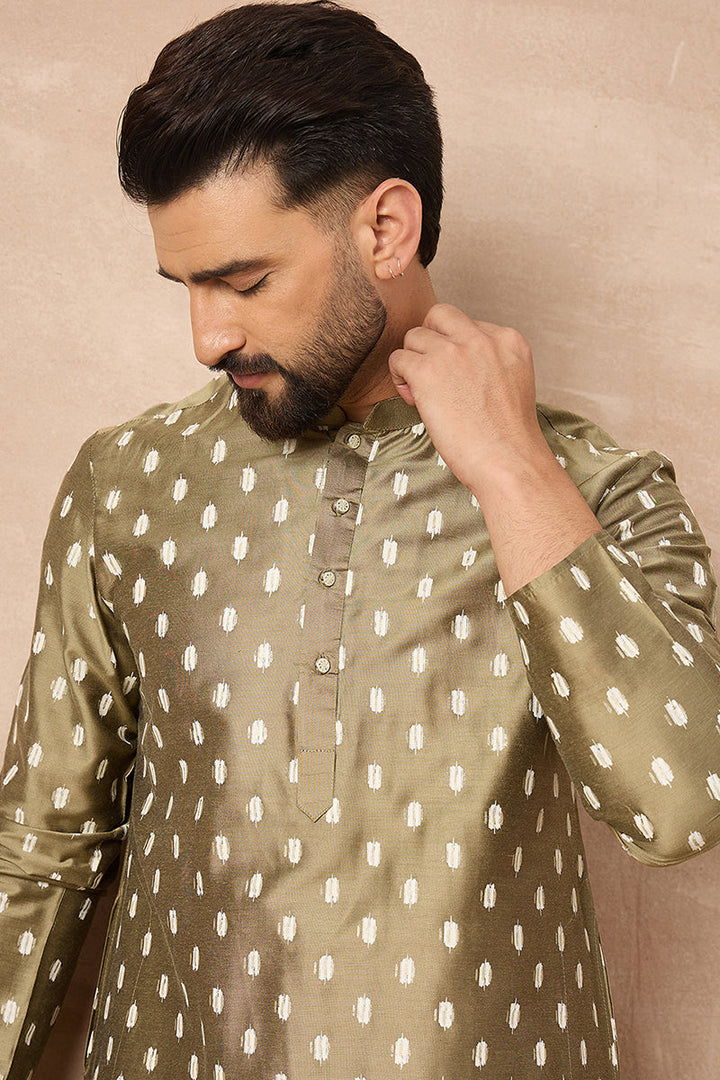 Olive Pure Silk Abstract Printed Straight Kurta with Trousers | Shobitam