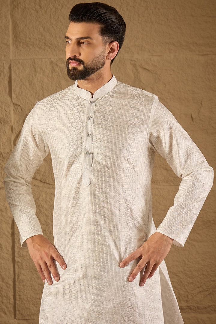 White Silk Blend Solid Embroidered Straight Kurta with Trouser  | SHOBITAM