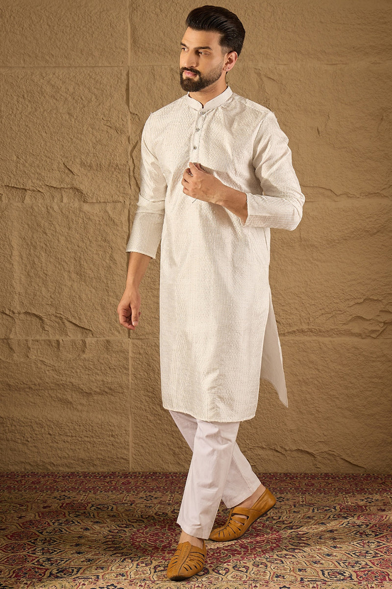 White Silk Blend Solid Embroidered Straight Kurta with Trouser  | SHOBITAM