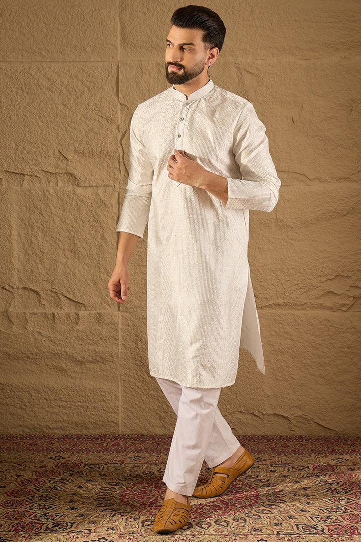 White Silk Blend Solid Embroidered Straight Kurta with Trouser  | SHOBITAM