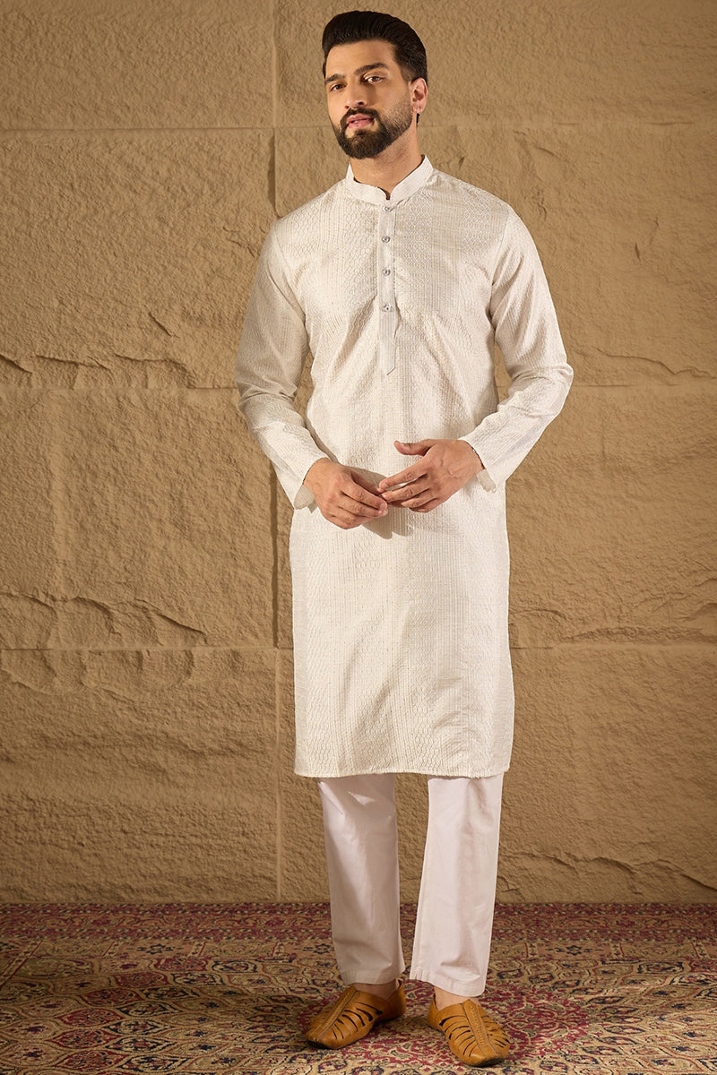 White Silk Blend Solid Embroidered Straight Kurta with Trouser  | SHOBITAM