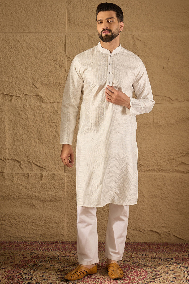 White Silk Blend Solid Embroidered Straight Kurta with Trouser  | SHOBITAM