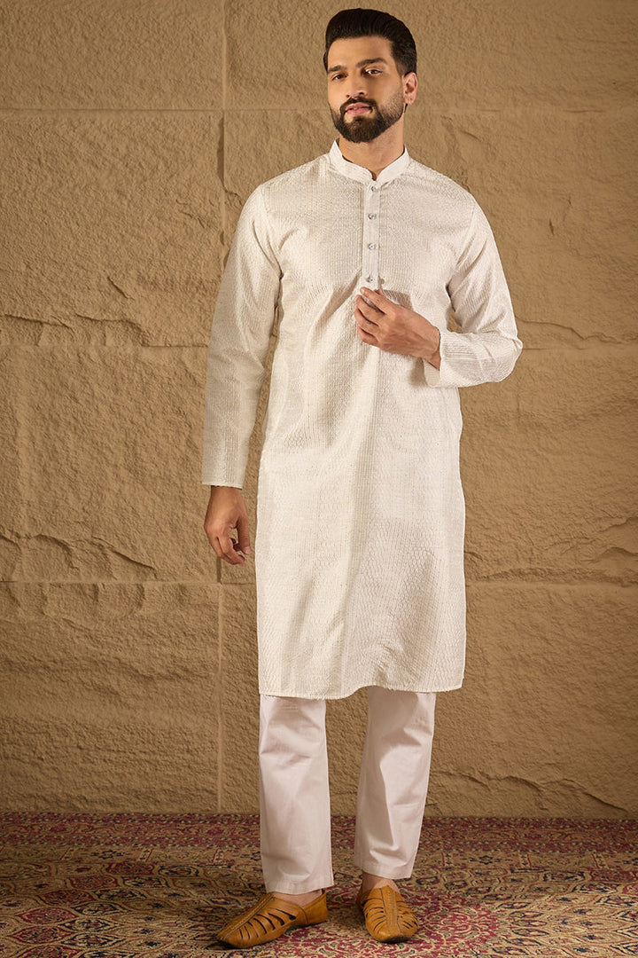 White Silk Blend Solid Embroidered Straight Kurta with Trouser  | SHOBITAM