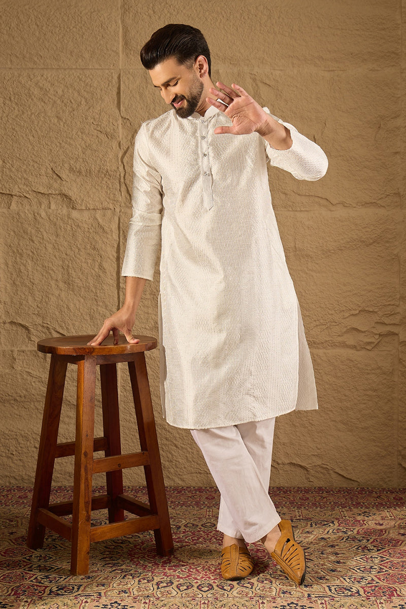 White Silk Blend Solid Embroidered Straight Kurta with Trouser  | SHOBITAM