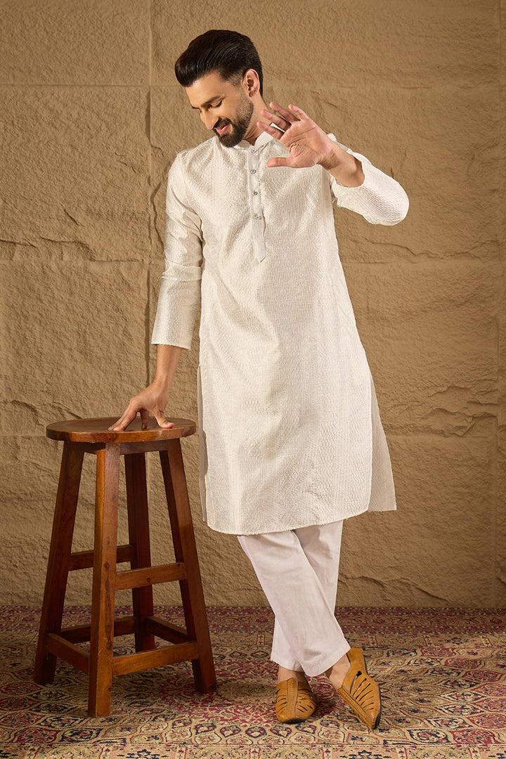 White Silk Blend Solid Embroidered Straight Kurta with Trouser  | SHOBITAM