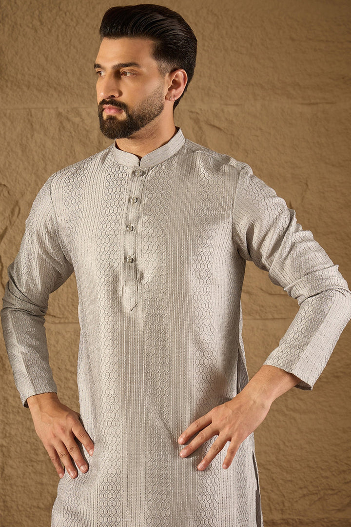 Grey Silk Blend Solid Embroidered Straight Kurta with Trouser  | SHOBITAM