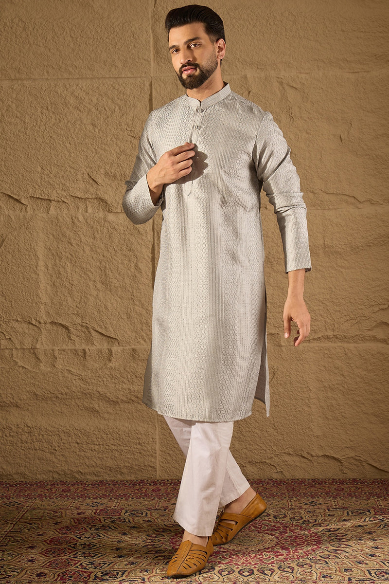 Grey Silk Blend Solid Embroidered Straight Kurta with Trouser  | SHOBITAM