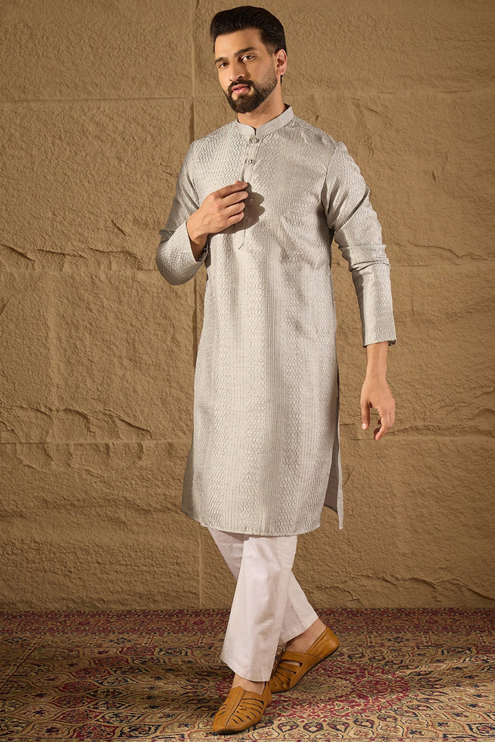 Grey Silk Blend Solid Embroidered Straight Kurta with Trouser  | SHOBITAM