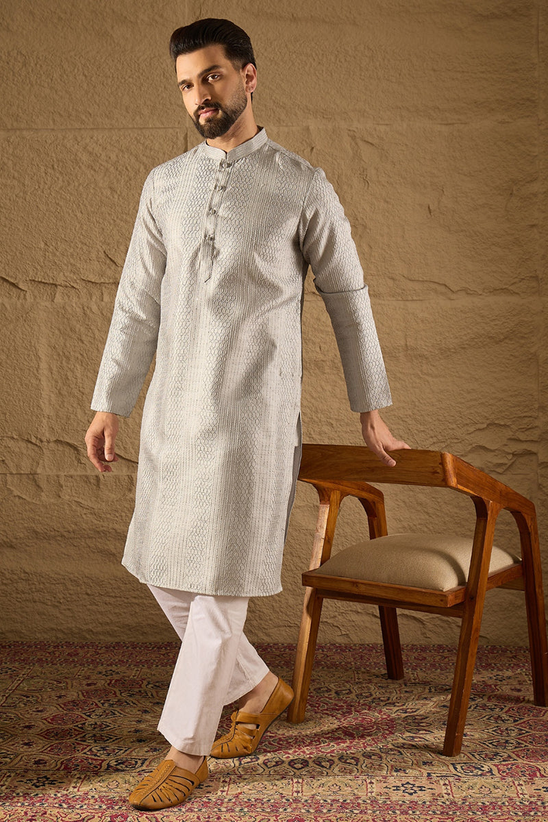 Grey Silk Blend Solid Embroidered Straight Kurta with Trouser  | SHOBITAM