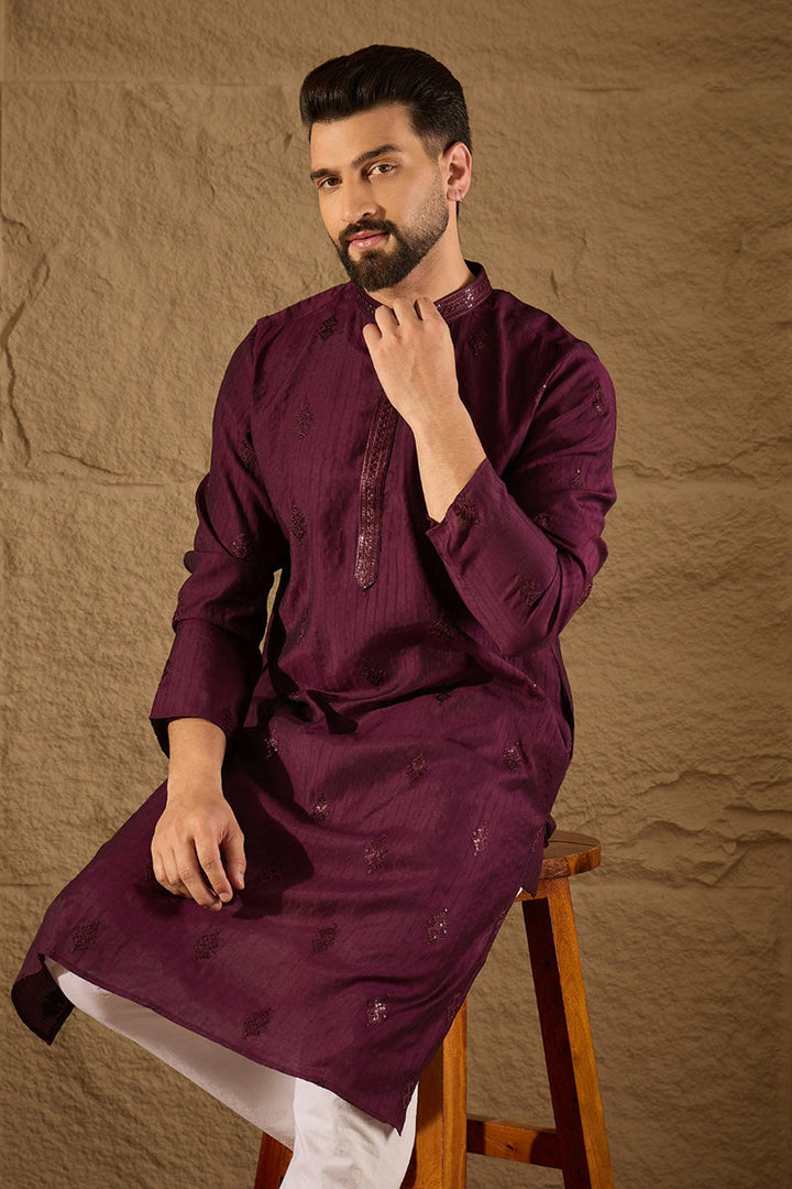 Purple Viscose Rayon Solid Embroidered Straight Kurta with Trouser  | SHOBITAM