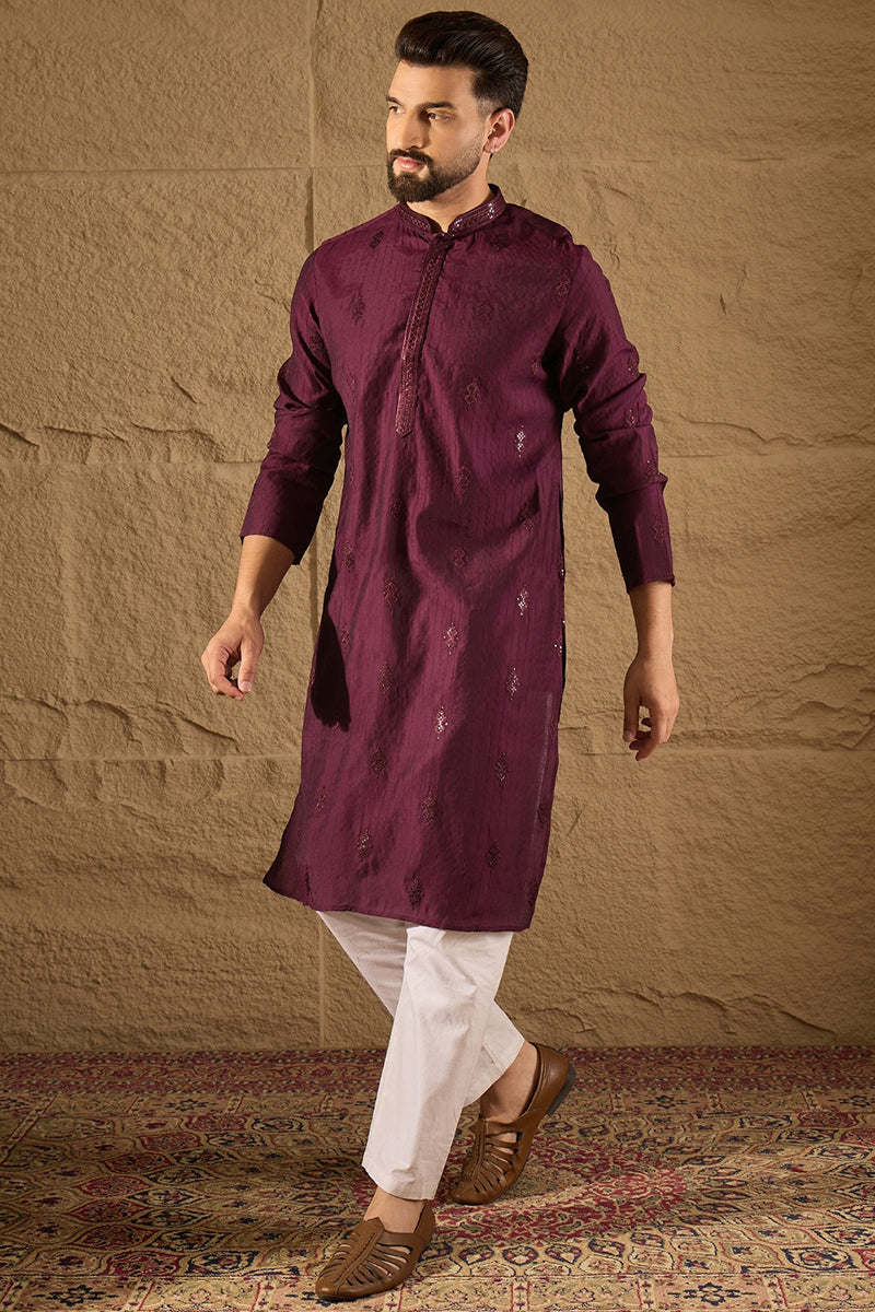Purple Viscose Rayon Solid Embroidered Straight Kurta with Trouser  | SHOBITAM