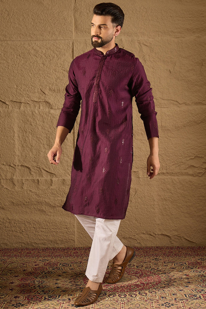 Purple Viscose Rayon Solid Embroidered Straight Kurta with Trouser  | SHOBITAM