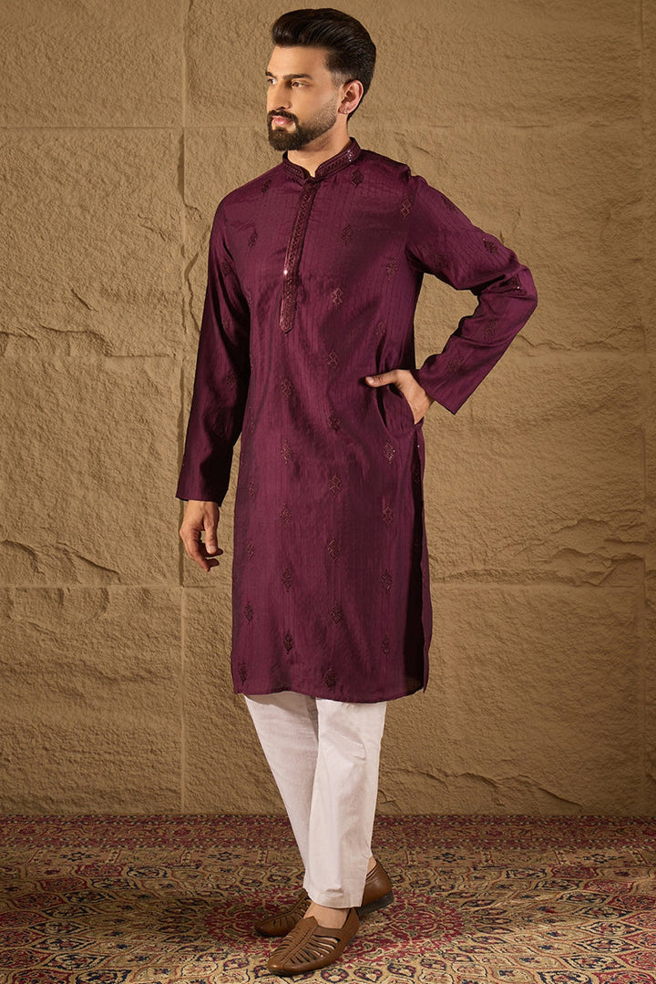 Purple Viscose Rayon Solid Embroidered Straight Kurta with Trouser  | SHOBITAM