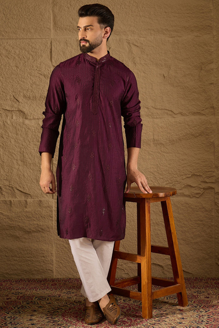 Purple Viscose Rayon Solid Embroidered Straight Kurta with Trouser  | SHOBITAM