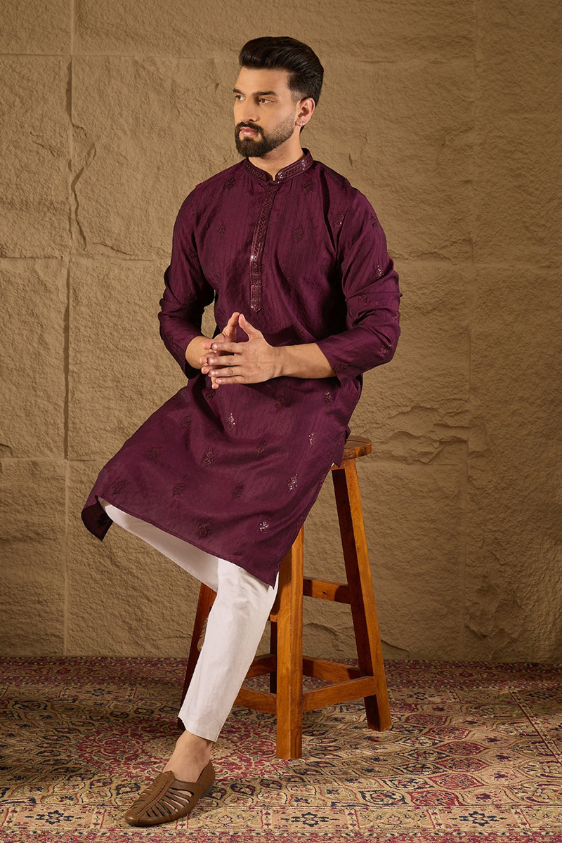 Purple Viscose Rayon Solid Embroidered Straight Kurta with Trouser  | SHOBITAM