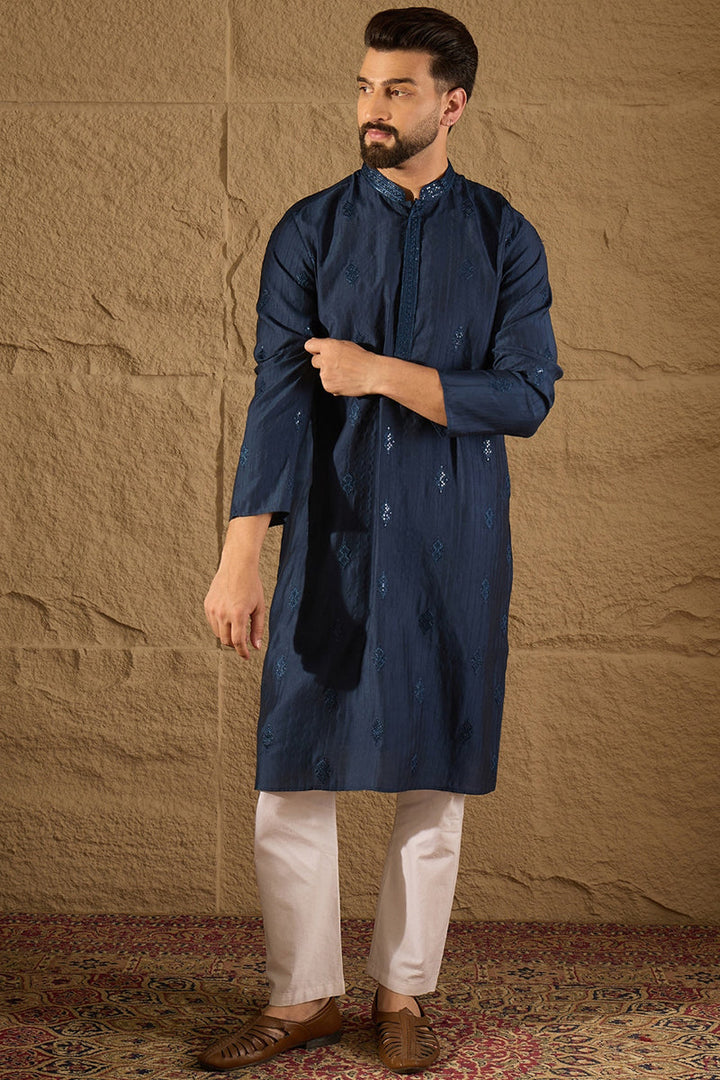 Blue Viscose Rayon Solid Embroidered Straight Kurta with Trouser  | SHOBITAM