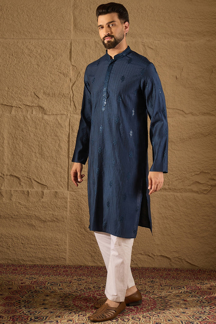 Blue Viscose Rayon Solid Embroidered Straight Kurta with Trouser  | SHOBITAM