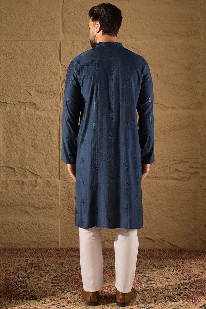 Blue Viscose Rayon Solid Embroidered Straight Kurta with Trouser  | SHOBITAM