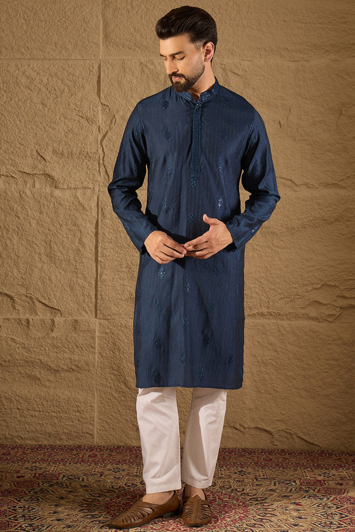 Blue Viscose Rayon Solid Embroidered Straight Kurta with Trouser  | SHOBITAM