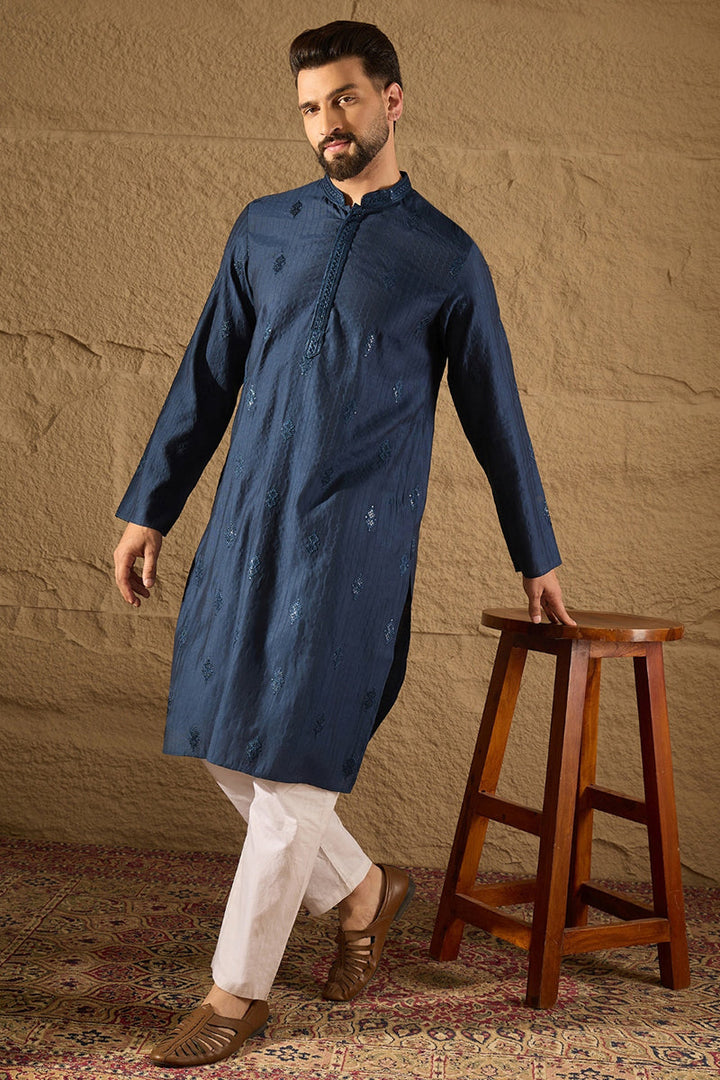 Blue Viscose Rayon Solid Embroidered Straight Kurta with Trouser  | SHOBITAM