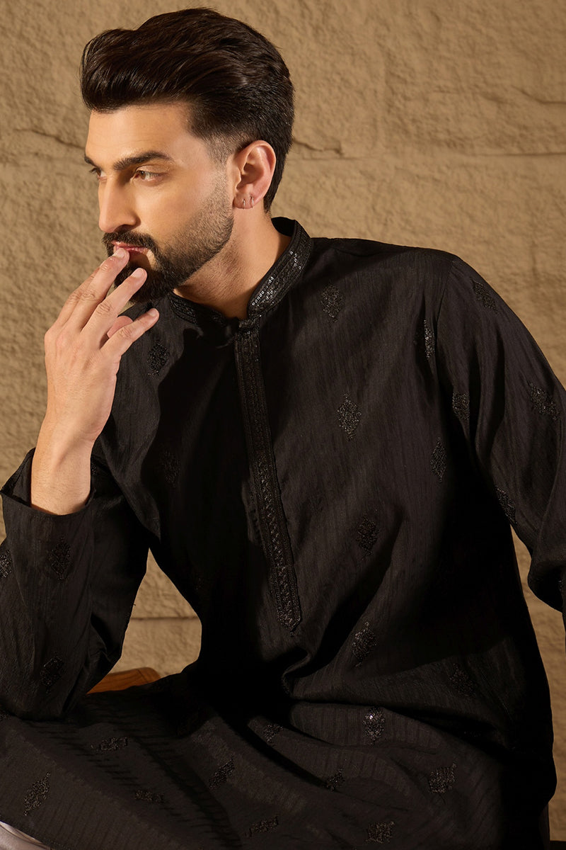 Black Viscose Rayon Solid Embroidered Straight Kurta with Trouser  | SHOBITAM