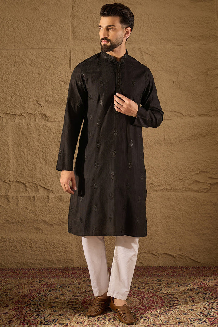 Black Viscose Rayon Solid Embroidered Straight Kurta with Trouser  | SHOBITAM