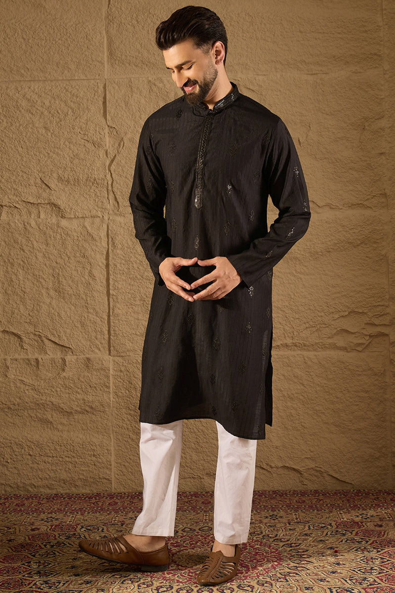 Black Viscose Rayon Solid Embroidered Straight Kurta with Trouser  | SHOBITAM