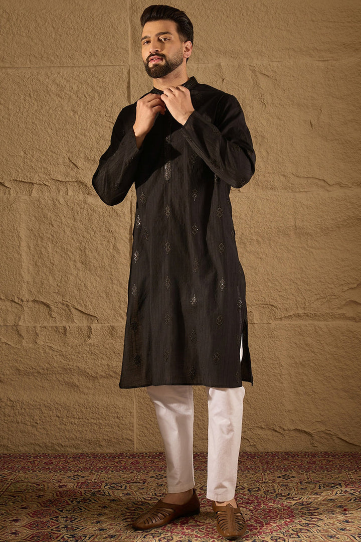 Black Viscose Rayon Solid Embroidered Straight Kurta with Trouser  | SHOBITAM