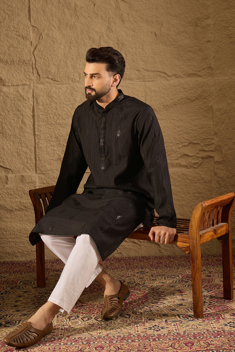 Black Viscose Rayon Solid Embroidered Straight Kurta with Trouser  | SHOBITAM