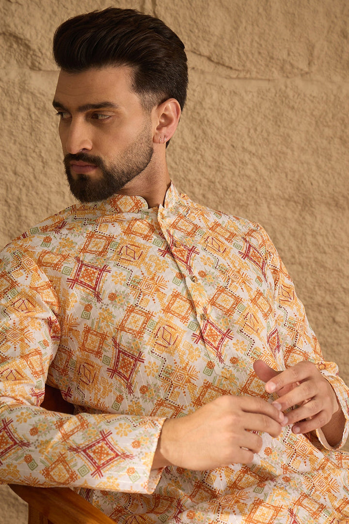White Silk Blend Geometric Embroidered Straight Kurta with Trouser  | SHOBITAM