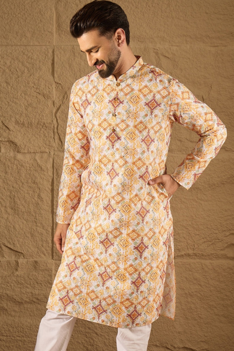 White Silk Blend Geometric Embroidered Straight Kurta with Trouser  | SHOBITAM