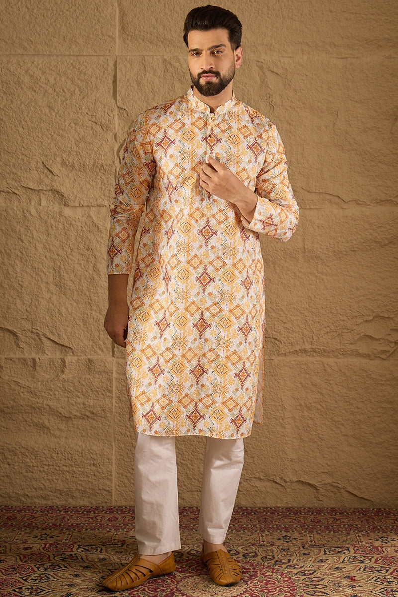 White Silk Blend Geometric Embroidered Straight Kurta with Trouser  | SHOBITAM