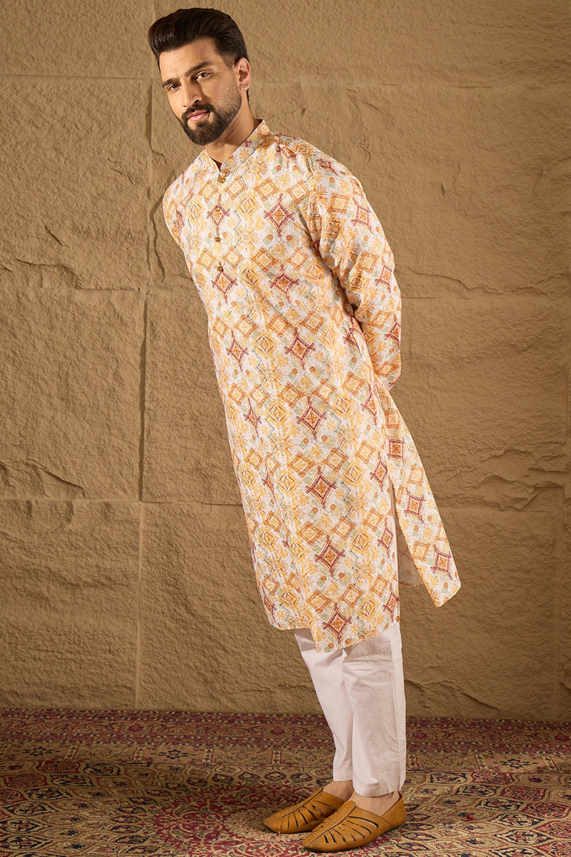 White Silk Blend Geometric Embroidered Straight Kurta with Trouser  | SHOBITAM